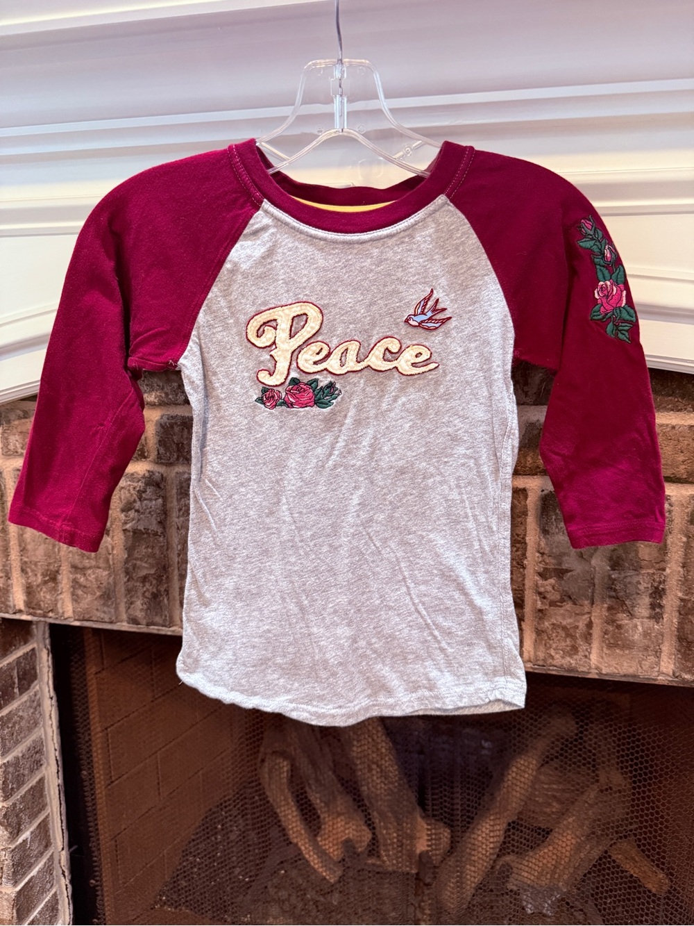 Jade Girls' 'Peace' Raglan Tee in Heather Gray and Berry